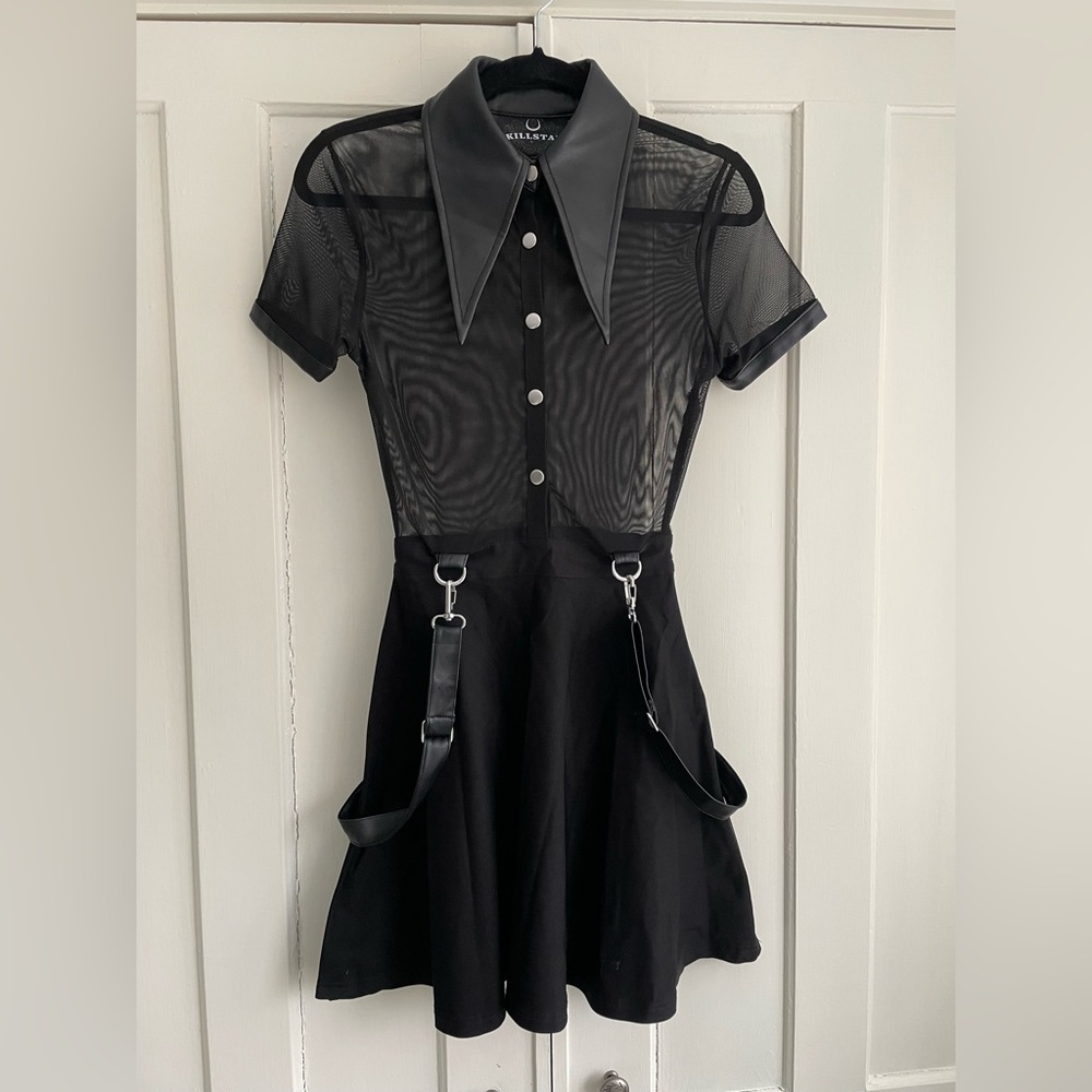 Killstar Cosmic Katy Dress XS Sheer Mesh Black w Vegan Leather Suspenders Goth